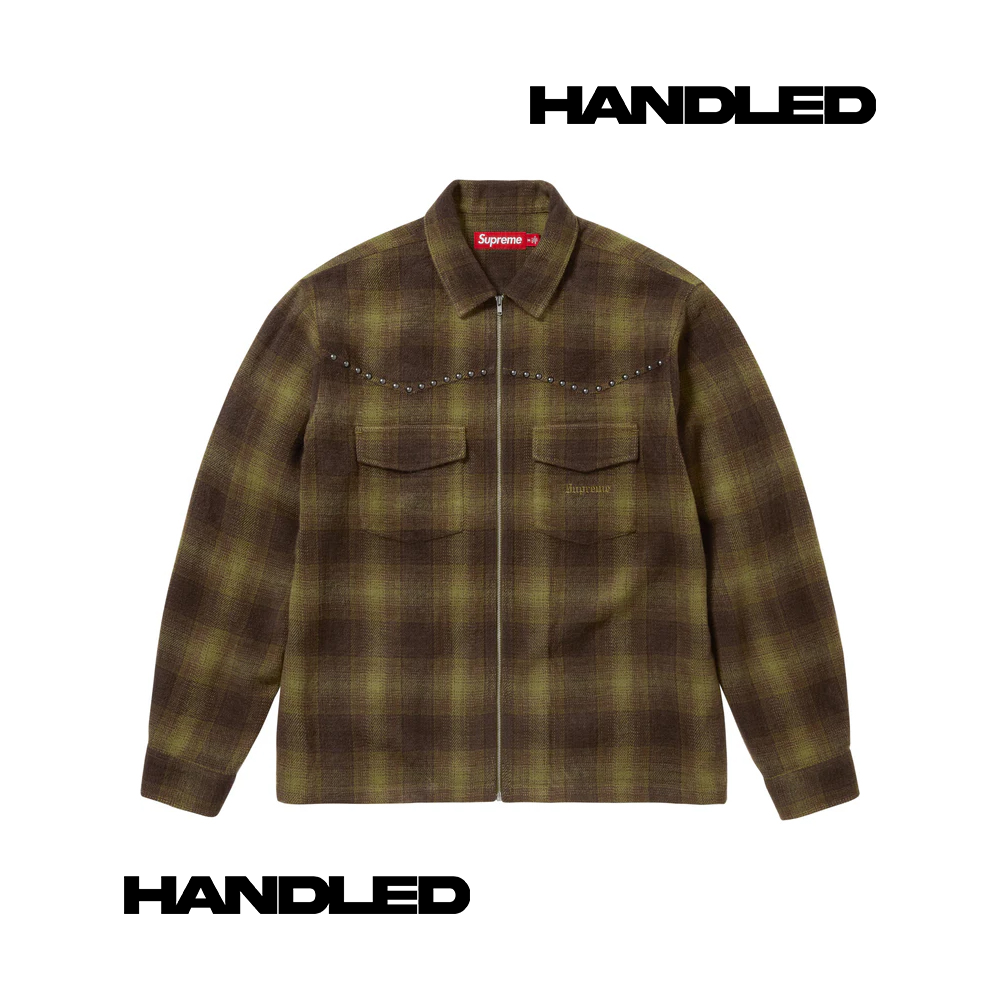 Supreme Studded Shadow Plaid Zip Up Shirt L Olive FW25